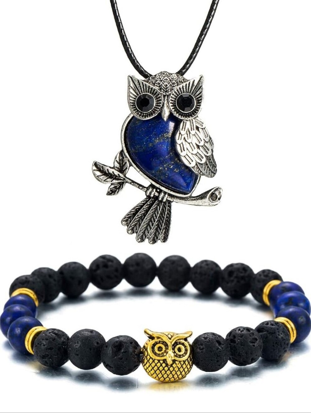 Silver Owl Lapis Pendant Necklace and Lava Bead Bracelet Set - Blue